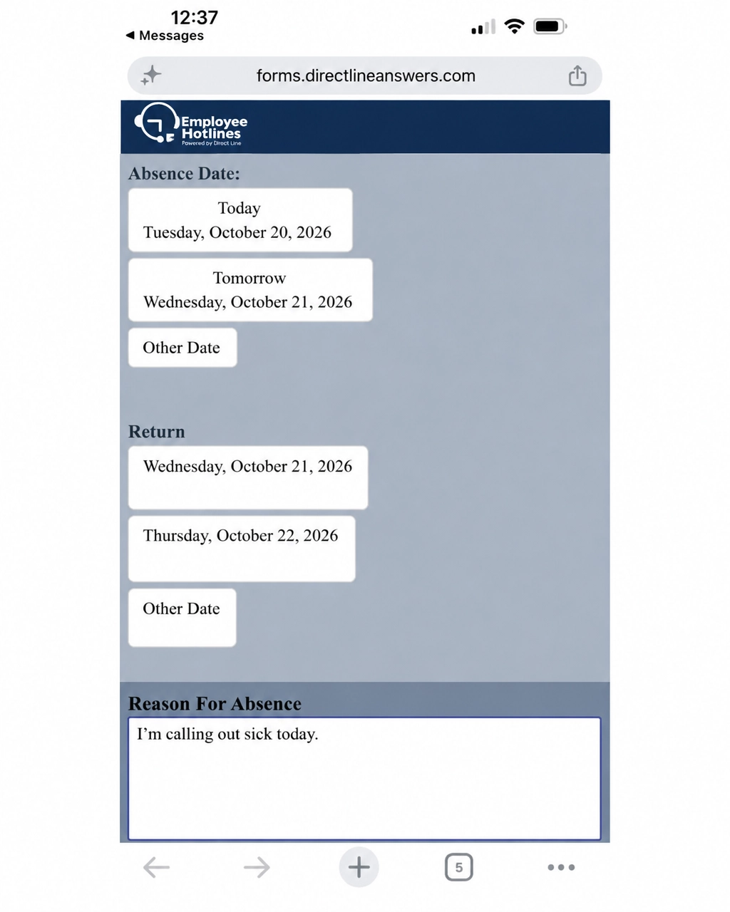 Mobile form where an employee selects absence and return dates and enters a reason
