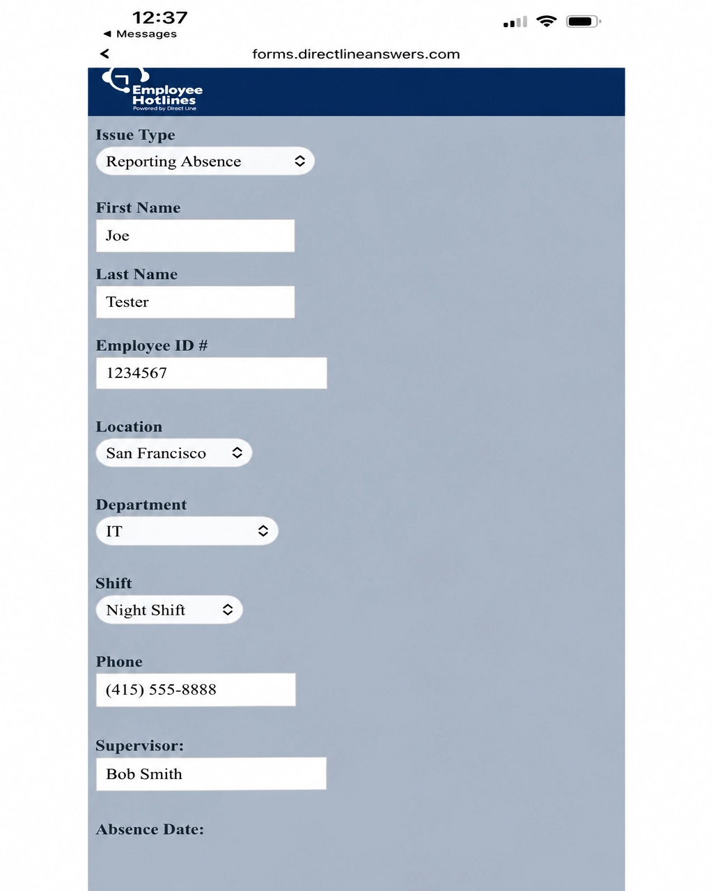 Mobile absence form with employee and shift information