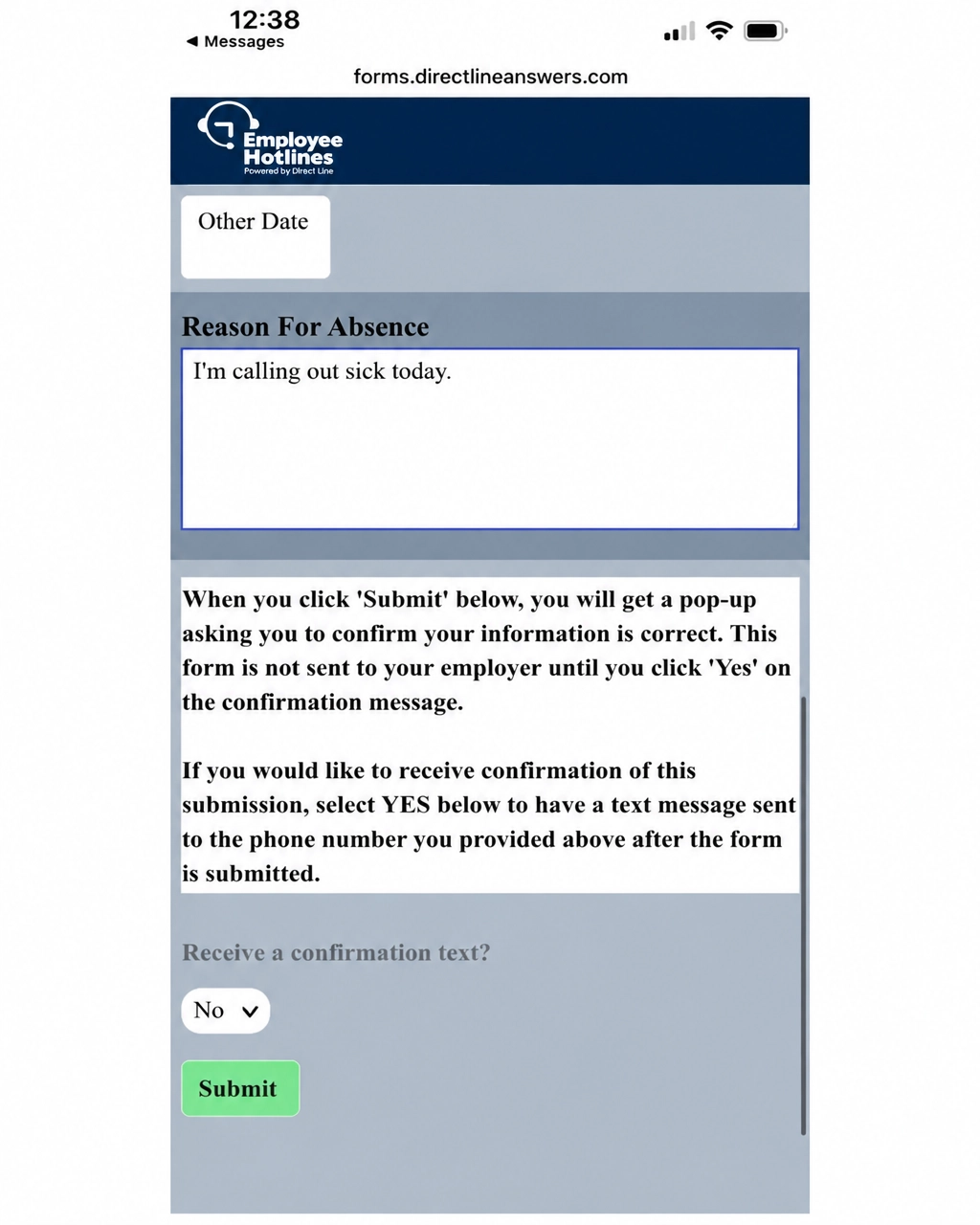 Mobile form showing the absence reason and submission confirmation instructions