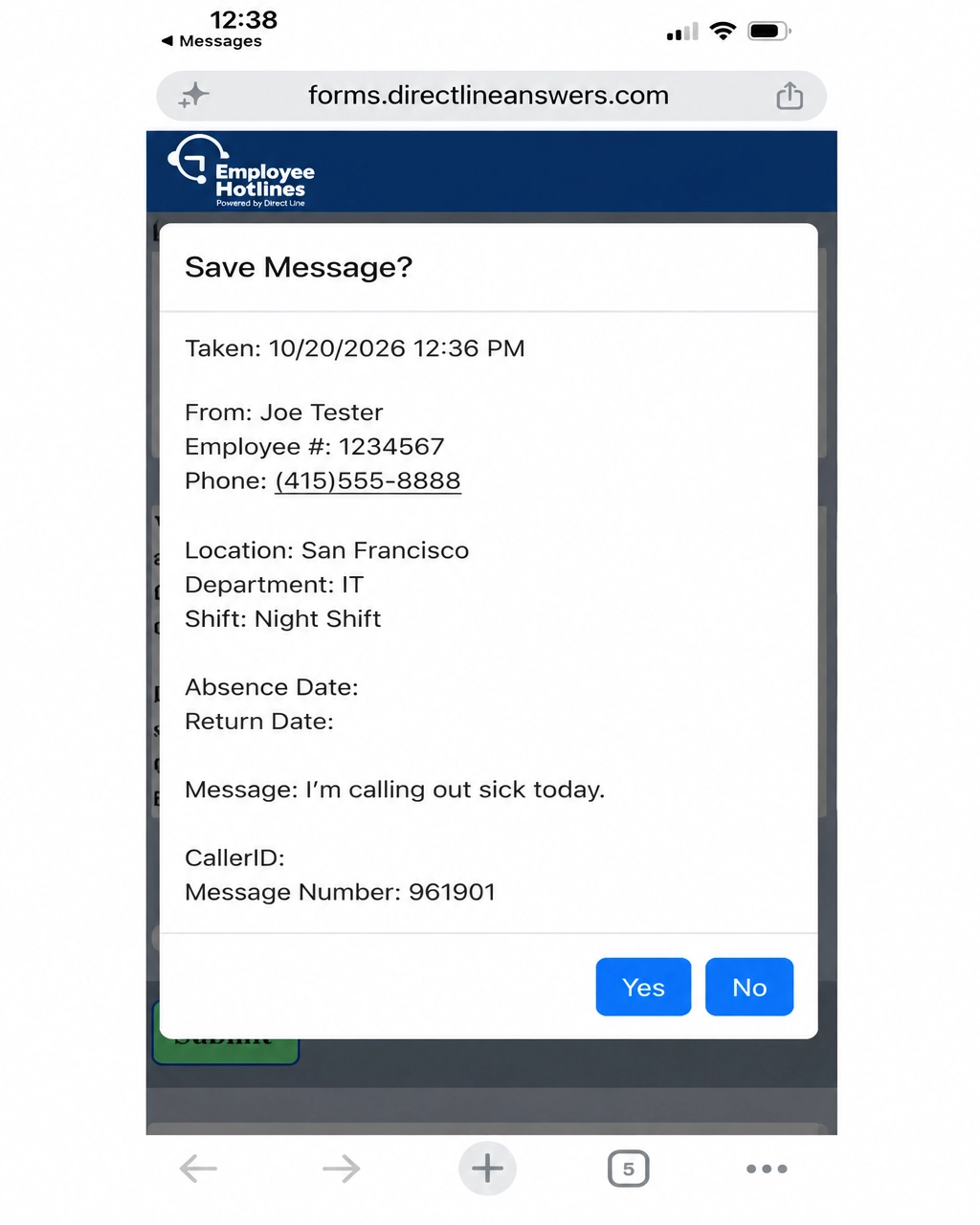 Example confirmation screen summarizing the employee's absence report before saving